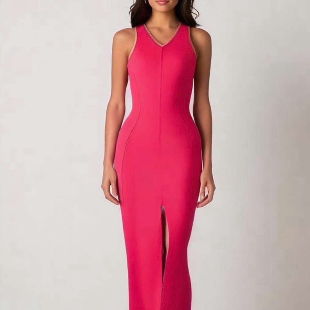 Caroline Constas Pink V-Neck Midi Length Dress Bodycon Sz Large